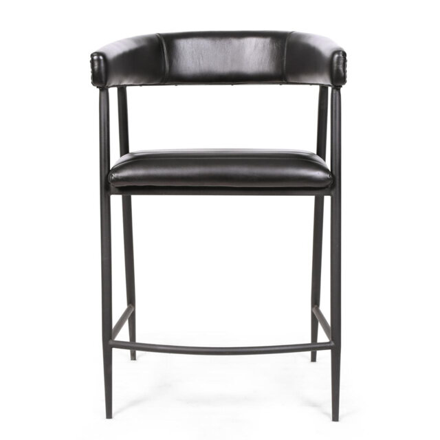 Genuine Black Leather Bar Stool with Black Metal Frame – Ribbed Seat and Curved Back – 94×56×59 cm with 66 cm Seat Height
