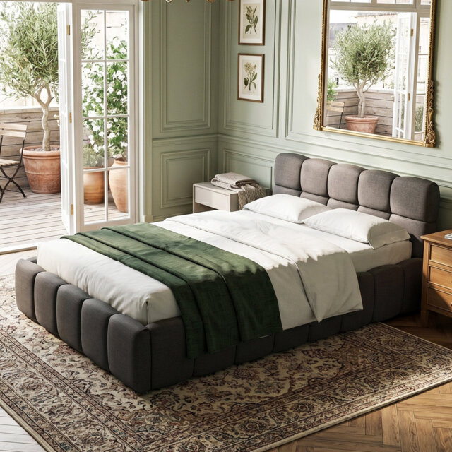 Multi-Sizes EU & UK Upholstered Bed, Modern Cloud Bed Frame with Padded Flange Edge & Embedded Design, Beige/Grey Linen