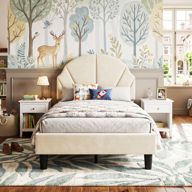 EU & UK Size Kids Velvet Bed Frame, Scalloped Shell Upholstery Bed with Height-Adjustable Headboard