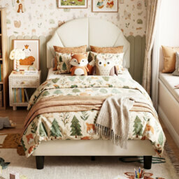 EU & UK Size Kids Velvet Bed Frame, Scalloped Shell Upholstery Bed with Height-Adjustable Headboard