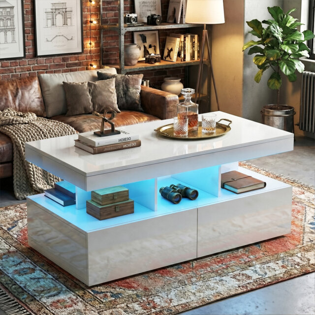 104CM Modern High Gloss Coffee Table With 2 Drawers, Smart App-Controlled RGB LED & Music Sync (EU Plug) - Black/White