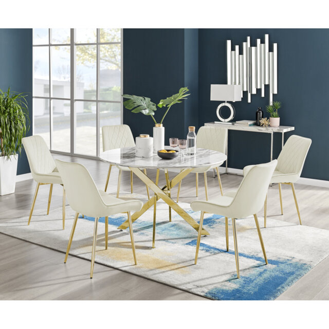 Tierra Modern Chrome Metal & Glass Round Dining Table Set with 6 Luxury Faux Leather Chairs