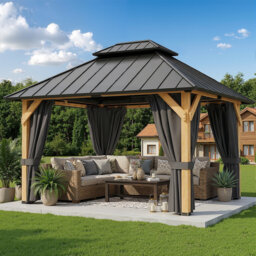 Cedar Wooden Gazebo-3.6m x 3.0m (12ft x 10ft),Cedar Frame, Double-Layer Beams, Powder-Coated Steel Roof, Ideal for Garden, Patio