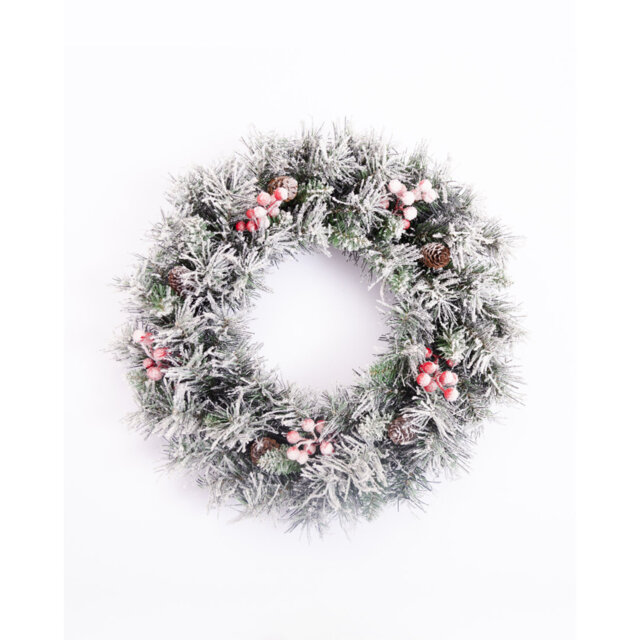 Snow Frosted Christmas Wreath with Pine Cones and Berries