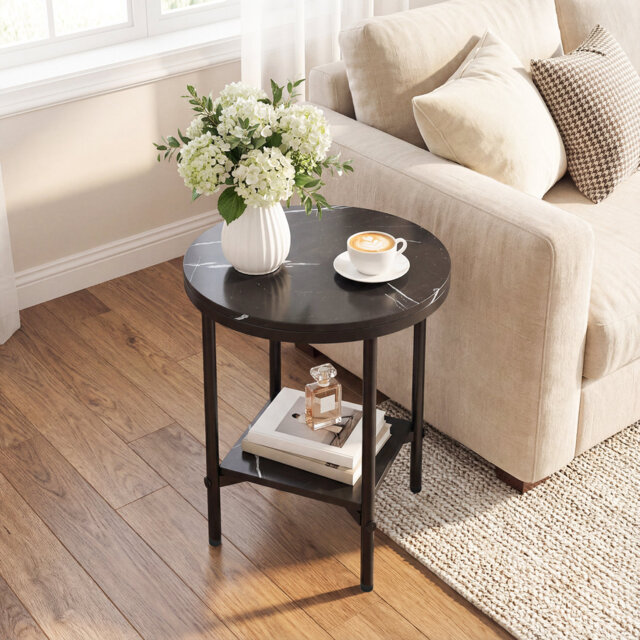 Side Table White & Gold Modern Round End Table With Faux Marble Top & Bottom Storage Shelf