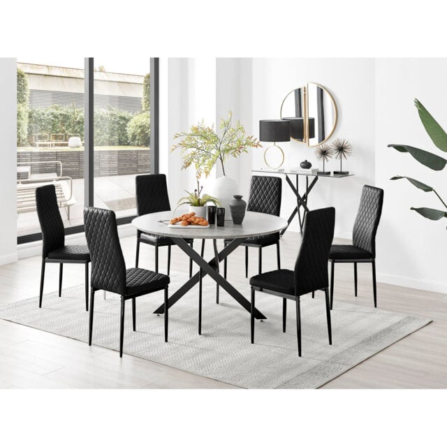 Tierra Modern Chrome Metal & Glass Round Dining Table Set with 6 Quilted Velvet Chairs