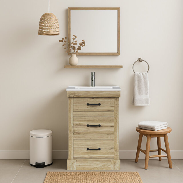 Donovan Vanity With White Sink 1 Pull Down And 2 Drawers Light Oak
