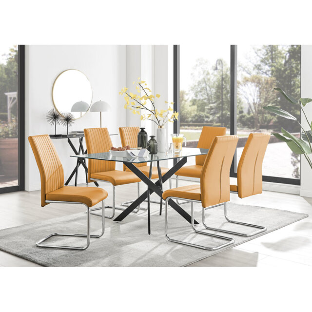 Lenworth Black Metal and Glass Rectangular Dining Table Set with 6 Upholstered Faux Leather Chairs