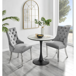 Ellis White Marble Effect Melamine Round Dining Table Set with 2 Luxury Button Velvet Dining Chairs