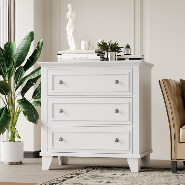 3-Drawer Bedroom Dresser, White Wood Chest, Rustic Nightstand Storage for Living Room, Bedroom