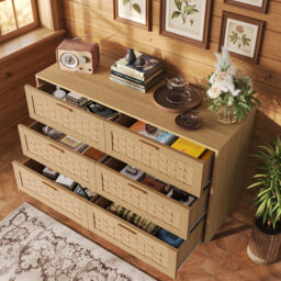 Rattan Chest Of Drawers, 6 Drawer Dresser Cabinet, Farmhouse Double Chest Of Drawers, Wide Storage Organizer Cabinet For Living Room, Hallway, Black