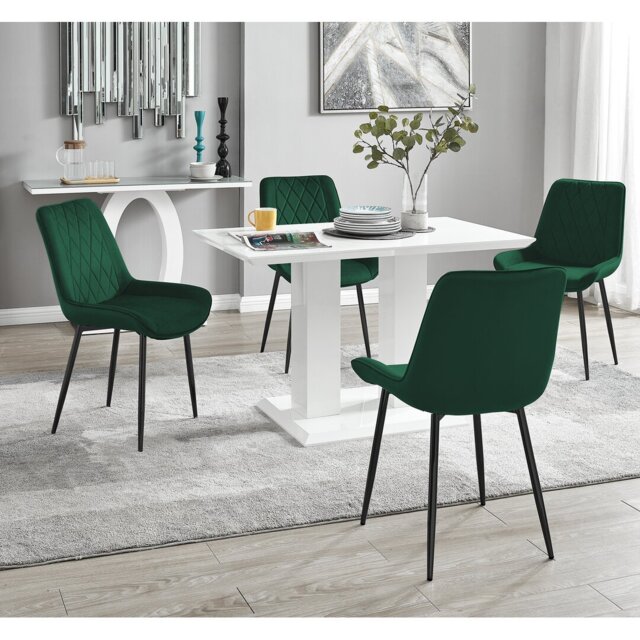 Edzard Double Pedestal High Gloss Dining Table Set with 4 Luxury Velvet Dining Chairs