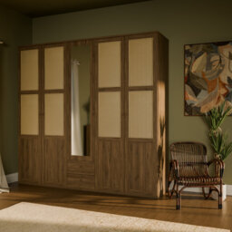 Boho style wardrobe with 5 doors, 2 drawers and a large mirror, clothing rail and shelving, engineered wood, warm oak decor / natural rattan, 223.4 cm