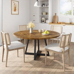 120-cm Industrial Round Dining Table for 4-6, Rustic Wood Top & Durable Base, Built-in Storage Shelf, Adjustable Feet, Spacious Kitchen Table(Table On