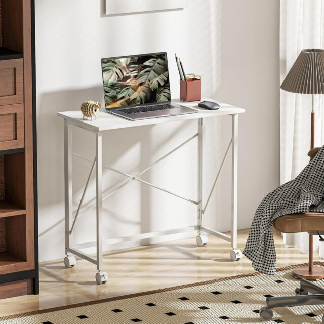 Small Folding Writing Desk, 80 cm with Wheels, White