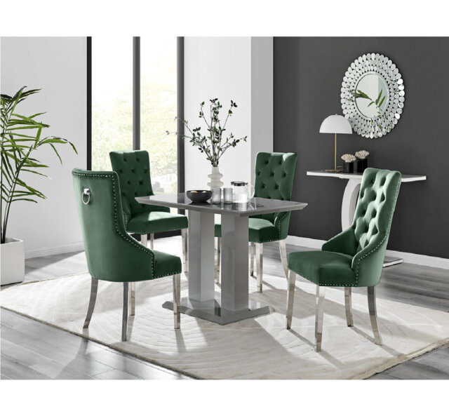 Edzard Modern Double Pedestal High Gloss Dining Table Set with 4 Luxury Velvet Dining Chairs