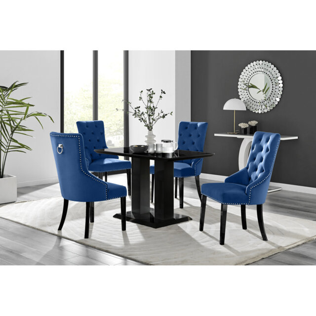 Edzard Modern Double Pedestal High Gloss Dining Table Set with 4 Luxury Velvet Dining Chairs