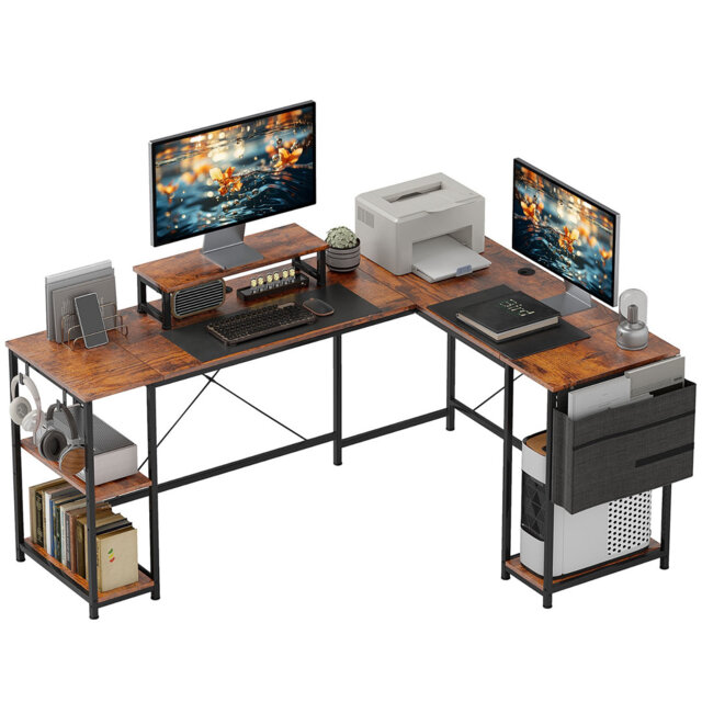 Industrial Large Adjustable L Shaped Computer Desk Storage Shelves Rustic