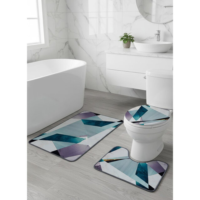 Modern Teal & Amethyst Geometric 3-Piece Bathroom Rug Set: Crystalline Abstract Non-Slip Bath Mat, Rug, and Lid Cover