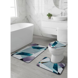 Modern Teal & Amethyst Geometric 3-Piece Bathroom Rug Set: Crystalline Abstract Non-Slip Bath Mat, Rug, and Lid Cover