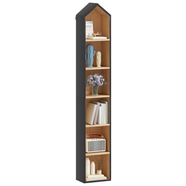 Tall Narrow Bookcase, L House Shaped Thin Corner 6-Tier Free Standing Bookshelf, Space-Saving Design Display Storage For Home & Office