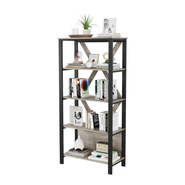 5-Tier Grey Bookshelf with Dimmable RGB LED Strip Lights, Industrial Wood & Metal Open Display Bookcase, Freestanding Storage Shelf for Home Office, L