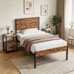 3 Piece Bedroom Set, Industrial Bed Frame with 2 Nightstands Set, Metal Platform Bed with Wood Headboard & Footboard, Farmhouse Bedroom Furniture Set