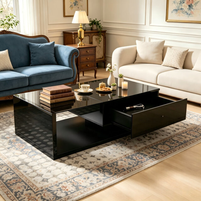 Black High Gloss Coffee Table With Glass Panel and LED Lighting And Closed Storage