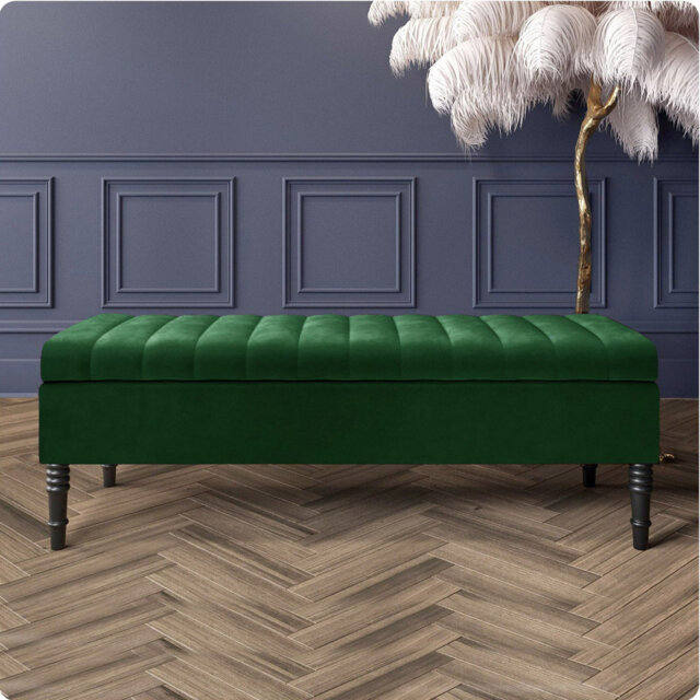 Safar Striped Ottoman Storage Bench – Upholstery Plush Velvet Shoe Bench with Black Turned Wooden Legs