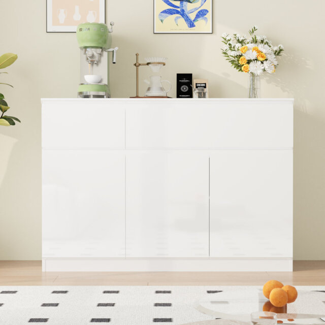 High Gross Pet Chest Of Drawer With 2 Drawers, 2 Cabinets, 4 Adjustable Shelves For Living Room, Dining Room, White (120W X 40D X 83H)