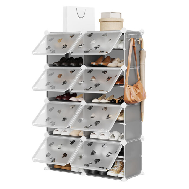 8-Cube Freestanding Modular Shoe Storage Organizer with Translucent Doors & 5 Side Hooks, Holds Up to 32 Pairs for Entryway, Closet and Mudroom