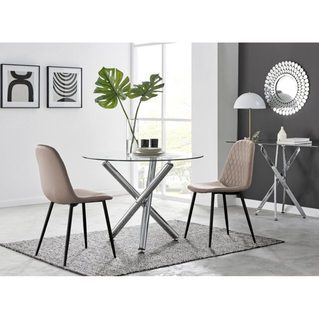 Seline Modern Round Dining Table Set in Glass and Chrome with 2 Luxury Faux Leather Dining Chairs