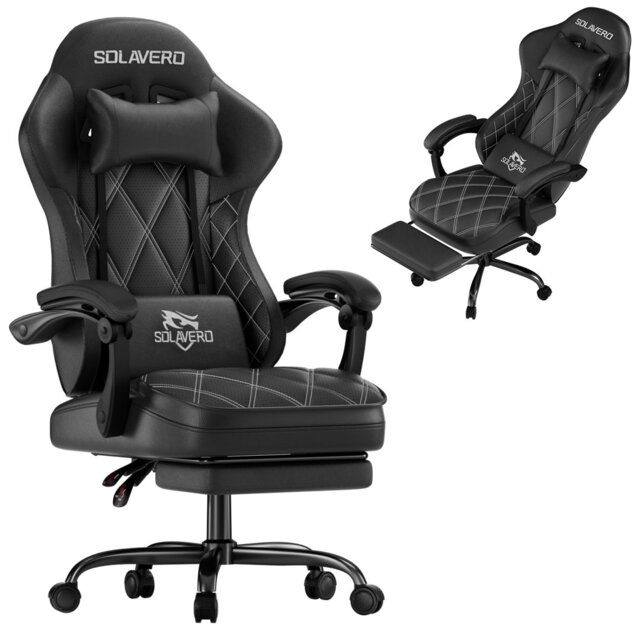 Ergonomic Gaming Chair with Massage Lumbar Pillow & Footrest, Linkage Armrest Reclining Office Chair, Breathable PVC Leather Computer Desk Chair, Mult