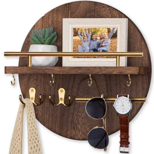 Key Holder Wall Mount, 11.8 Inch Key Rack With Shelf And 6 Key Hooks, Rustic Key And Mail Organizer, Circular Wooden Key Hanger For Entryway Hallway K