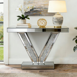 Amla 100cm Mirrored Glass V-Shaped Console Table Crushed Crystal Entryway