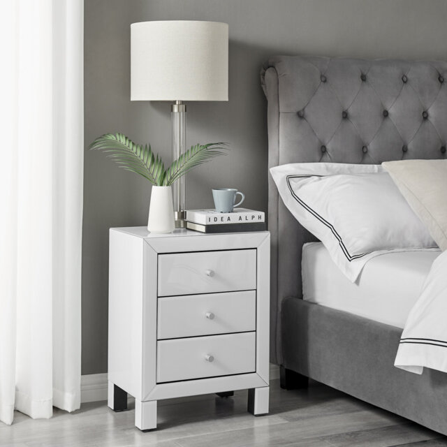 Mackynsie Mirrored Bedside Cabinet With 3 Drawers - Modern Luxury Bedside Table Nightstand