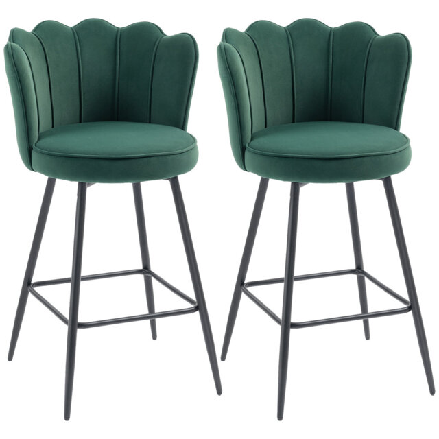 HOMCOM Bar Stools Set of 2 Velvet with Petal Backrest Footrest