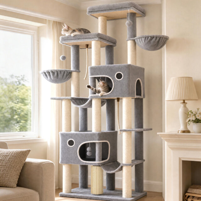 Large Cat Tree, 213 cm Tall Cat Tower for Indoor Cats Large Cats Maine Coon, Extra Large Baseboard, 2 Platforms, 2 Spacious Caves, 10 Sisal Scratching