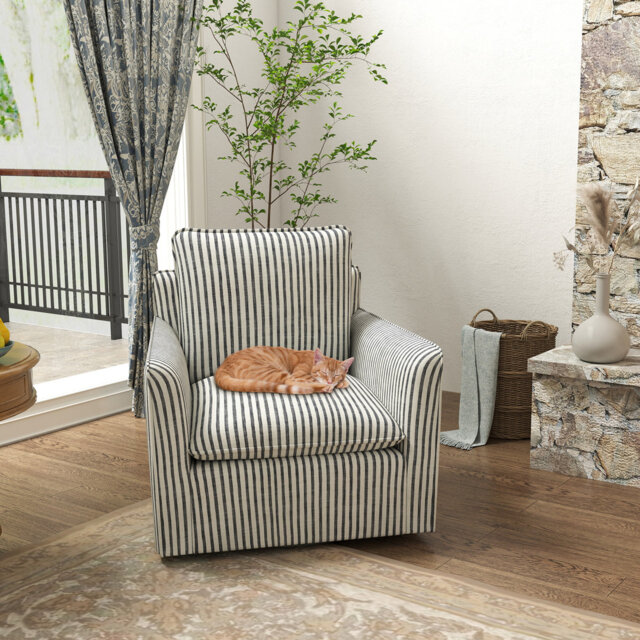 360-degree Swivel Accent Chair, Striped Upholstered Armchair with Removable Cushions