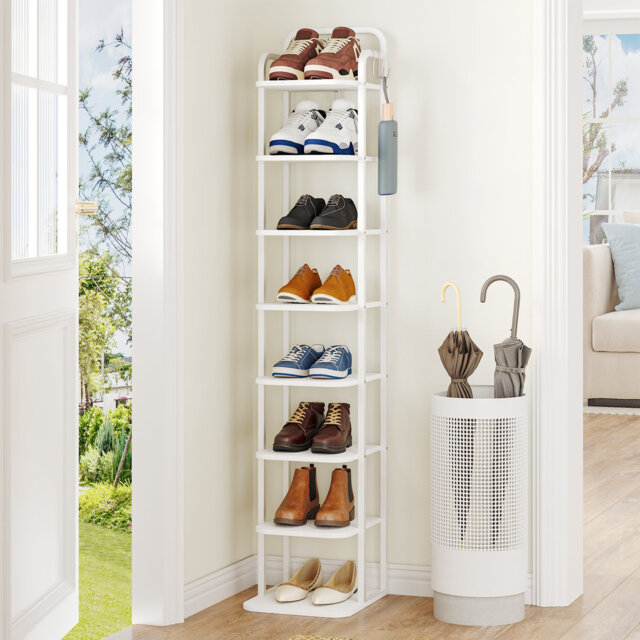 Vertical Shoe Rack, Shoe Shelves, Wood Shoe Organizer for Closet, Entryway, Shoe Tower for Small Spaces, Free Standing, Adjustable, with 2 Hooks
