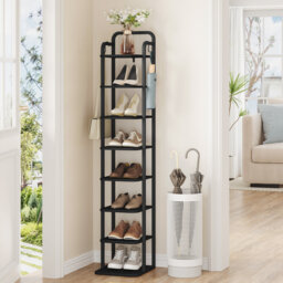 Vertical Shoe Rack, Shoe Shelves, Wood Shoe Organizer for Closet, Entryway, Shoe Tower for Small Spaces, Free Standing, Adjustable, with 2 Hooks