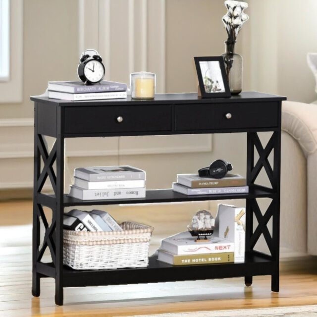 100Cm 3 Tier Console Table with Storage Shelves and Drawers, Entryway Furniture