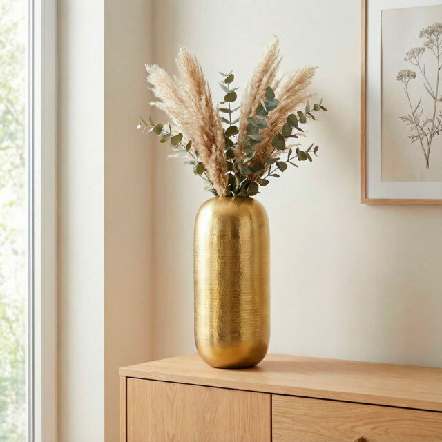 Gold Hammered Aluminium Floor Vase, Round Tall Modern Decorative Vase