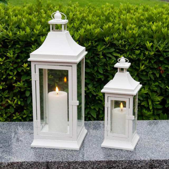Set of 2 50cm & 33cm Tall Outdoor Candle Lanterns (White)