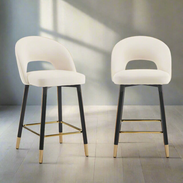 Set Of 2 Beige Upholstery Bar Stool With Gold Ornament