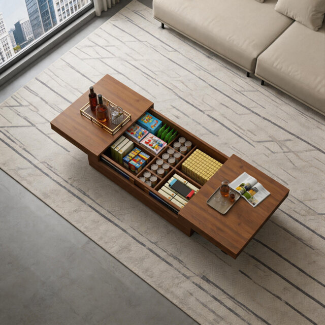 Walnut Extendable Coffee Table, Multifunctional Sliding Top 120cm To 208cm, Hidden Storage Compartment, Ideal For Living Room, Bedroom, Apartment Or F