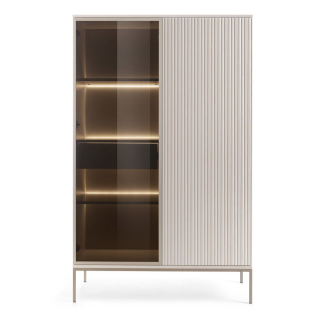 Tosena Tall Two-Door Display Cabinet with Drawer and LED 104 cm Cashmere