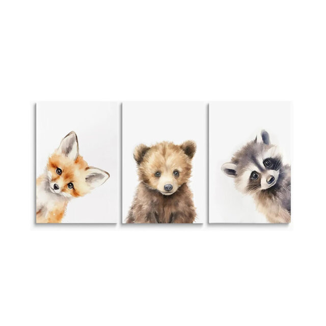 Adorable Bear Fox Raccoon Nursery Wall Decor, 3 Piece Baby Animals Art Poster For Baby Room Decor, Woodland Nursery Wall Art, Funny Kid Prints, Framed