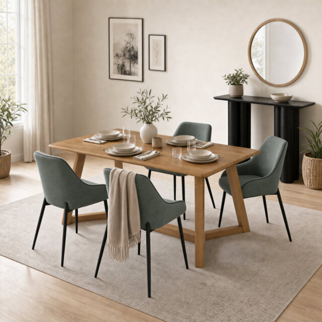 Beda Rectangular Rubberwood Dining Table With Ophelia Chairs - Farmhouse Style
