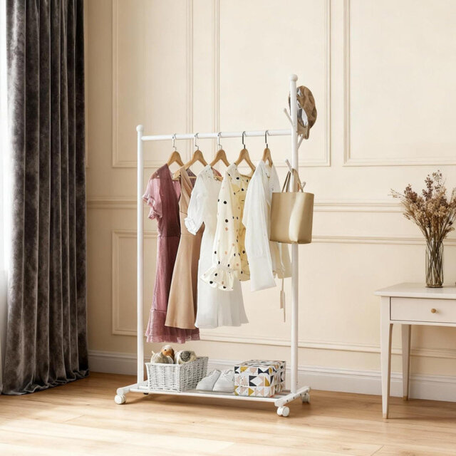 33.86 inch Garment Rack Metal Coat Rack with Wheels, Rolling Closet Rack with Wheels, Metal Coat Rack Freestanding for Small Space Corner Bedroom Hall